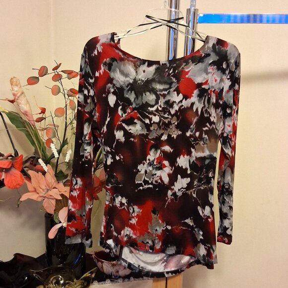 NWT Robert Kitchen Women's Red Black Gray Printed Blouse Long Sleeve Top Size 10 - Picture 7 of 8